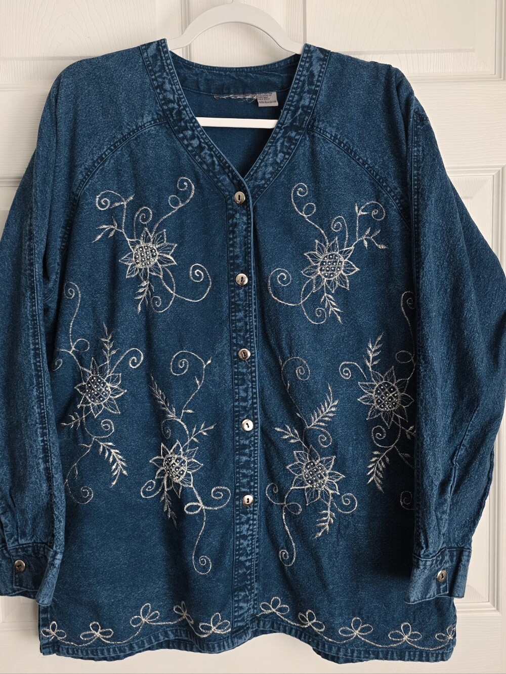Vintage Boho Western Metallic Embroidered Decorative Denim Top Large